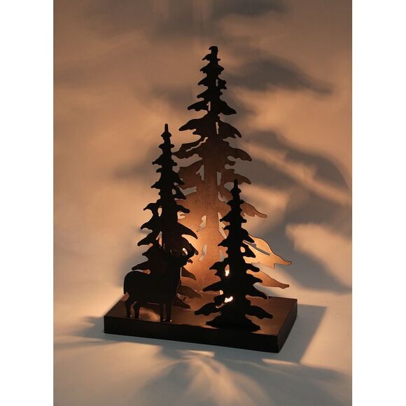 Rustic Brown Finished Metal Solo Buck Deer in Forest Silhouette Ambient Light - Picture 2 of 6